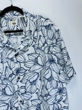 Dockers Linen Blend Floral Button Up Shirt Blue White Short Sleeve Size XL